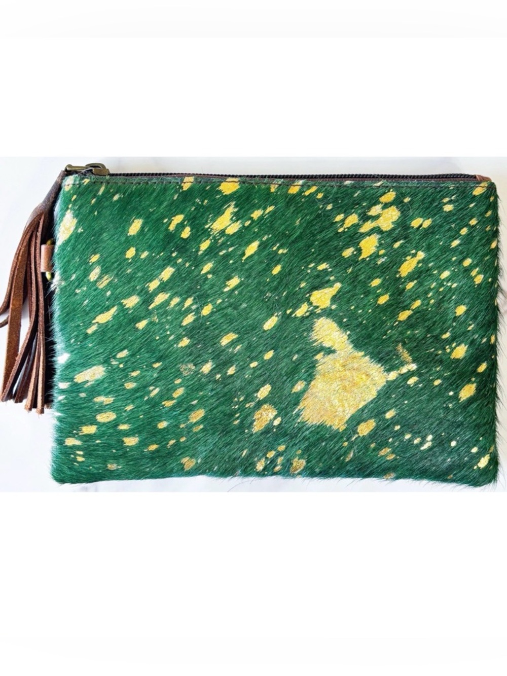 Hunter Green Gold Hair On Hide Wristlet Clutch Distressed Leather Tassel New - Picture 2 of 3